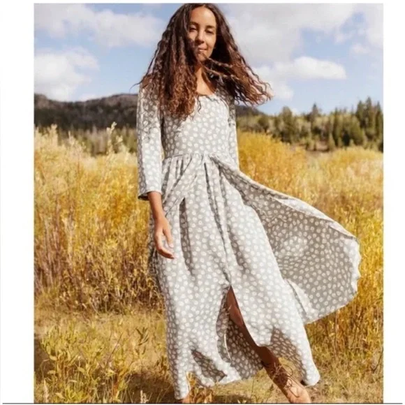 Christy Dawn Amelia Midi Dress 3/4 Sleeve Sage Ditsy Gray & White Size Small - Picture 1 of 14